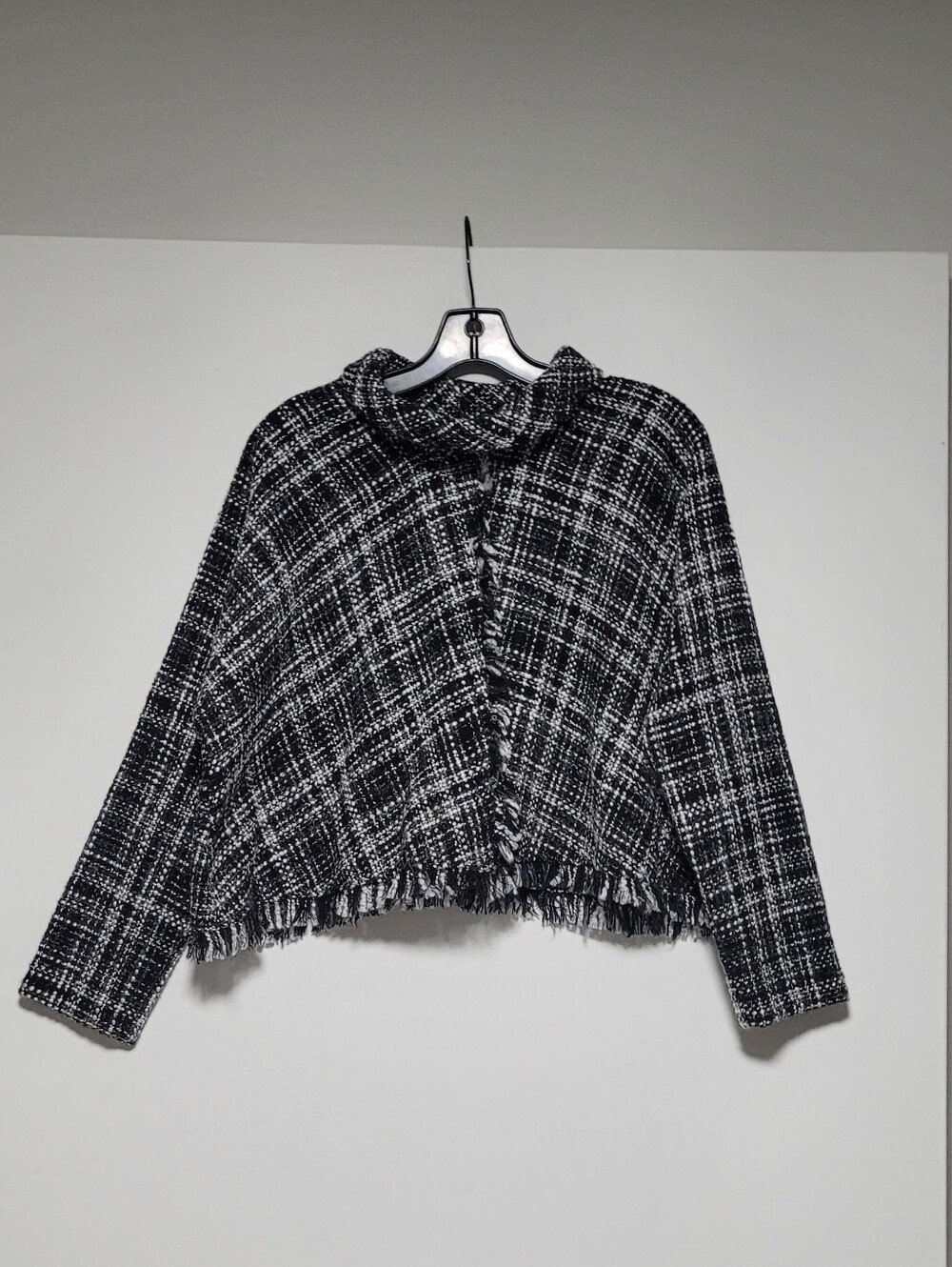 Zara Black/White Turtleneck, Cape, Poncho, Comfy Frayed Tweed Pullover Top